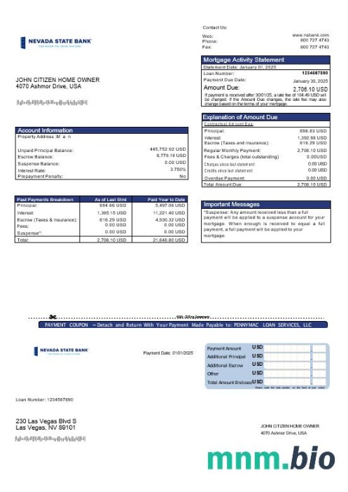USA Nevada State Bank wyciąg z kredytu hipotecznego w formatach Word i PDF